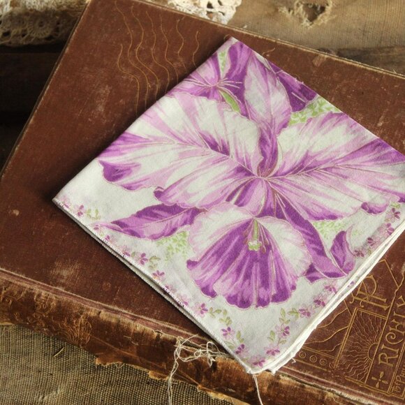 Vintage 1950s Handkerchief, Iris Purple Flower Print Cotton Hankie - Picture 2 of 15